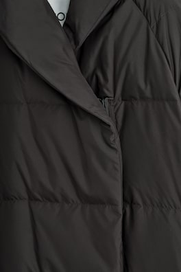 SHAWL-COLLAR QUILTED DOWN LONG COAT — DARK BROWN 1