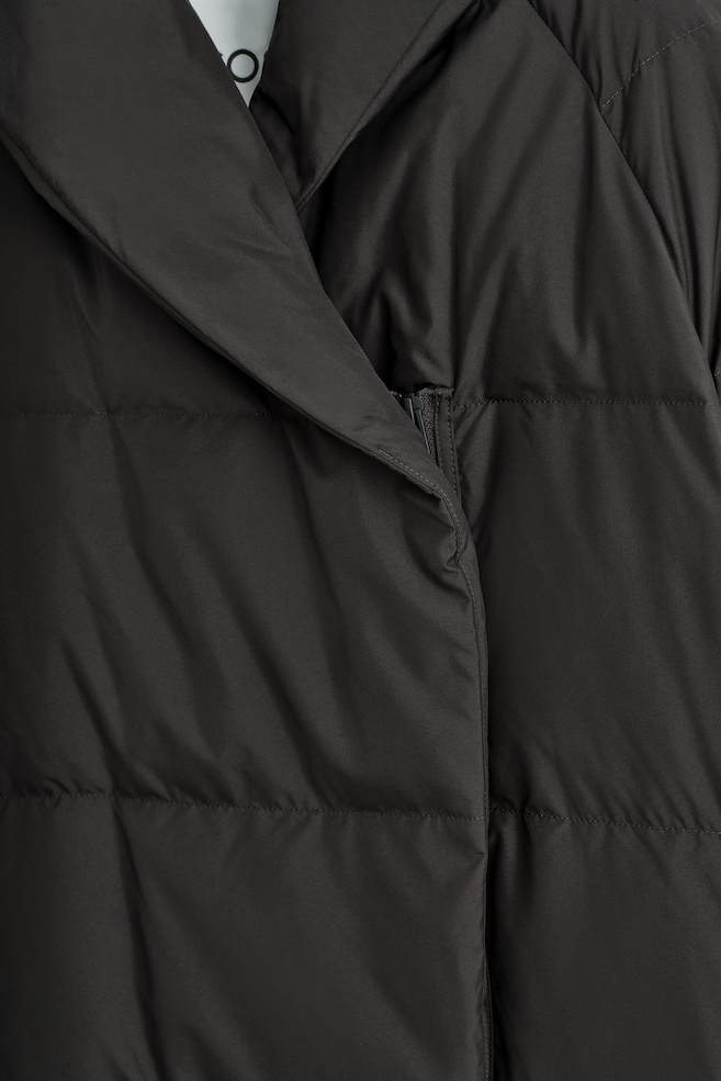 SHAWL-COLLAR QUILTED DOWN LONG COAT — DARK BROWN