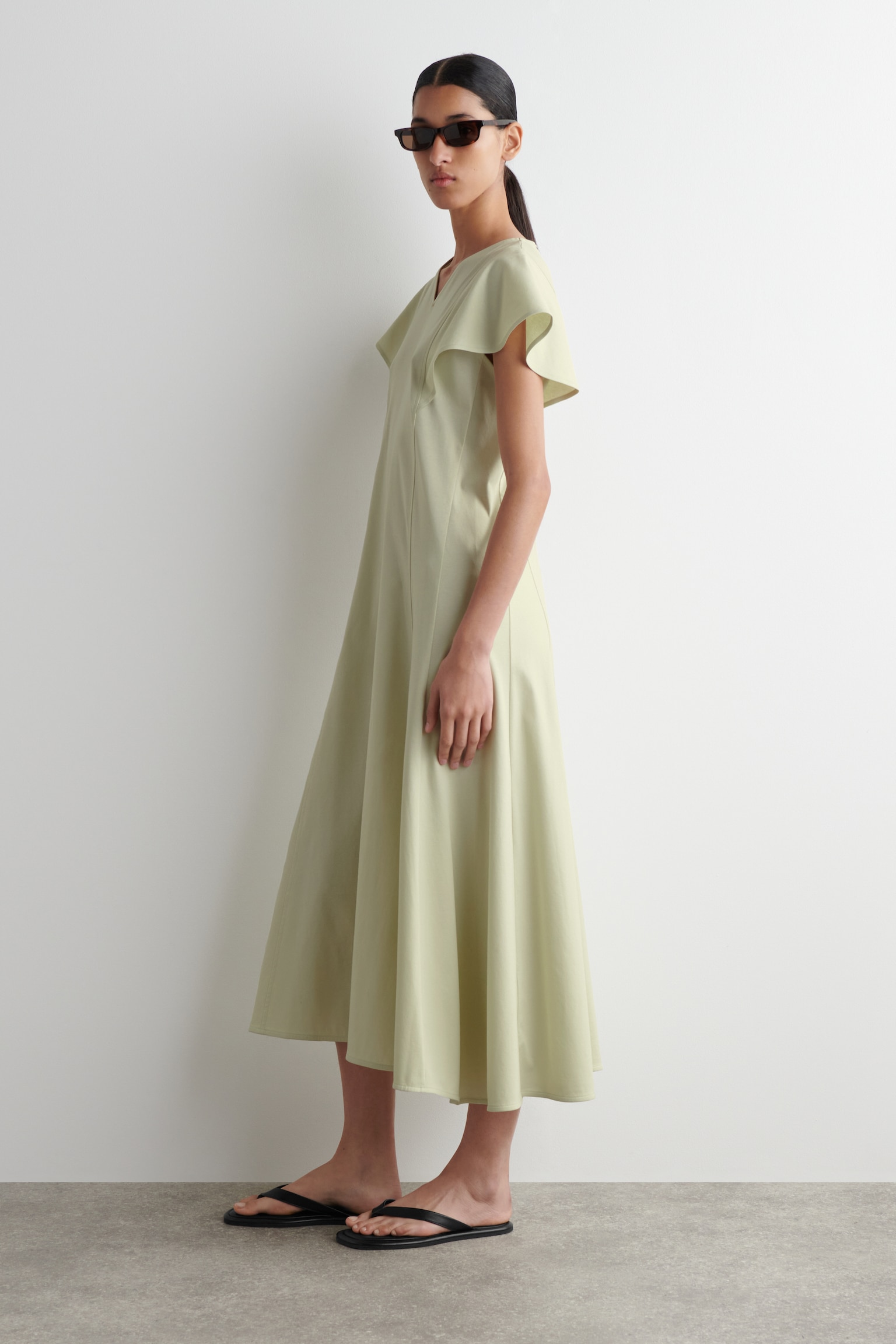 VESTIDO MIDI DE ALGODÓN CON MANGAS PÉTALO - VERDE CLARO/NEGRO - 3