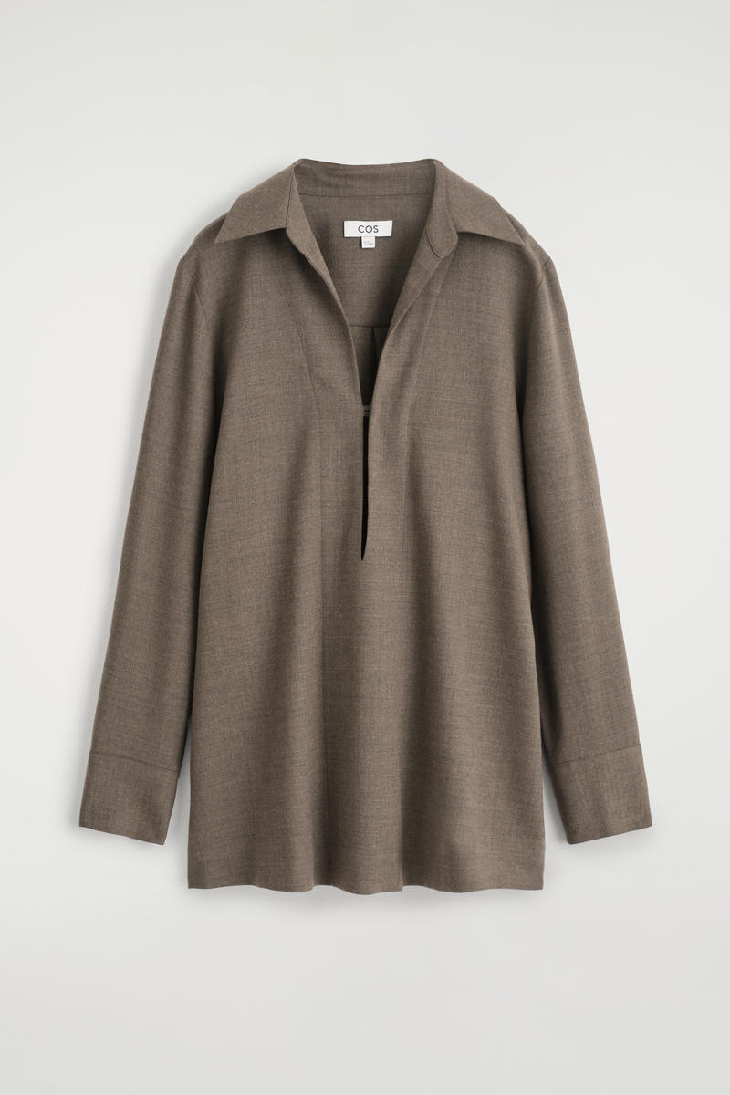 Cos Open-collar Wool-blend Shirt In Gray