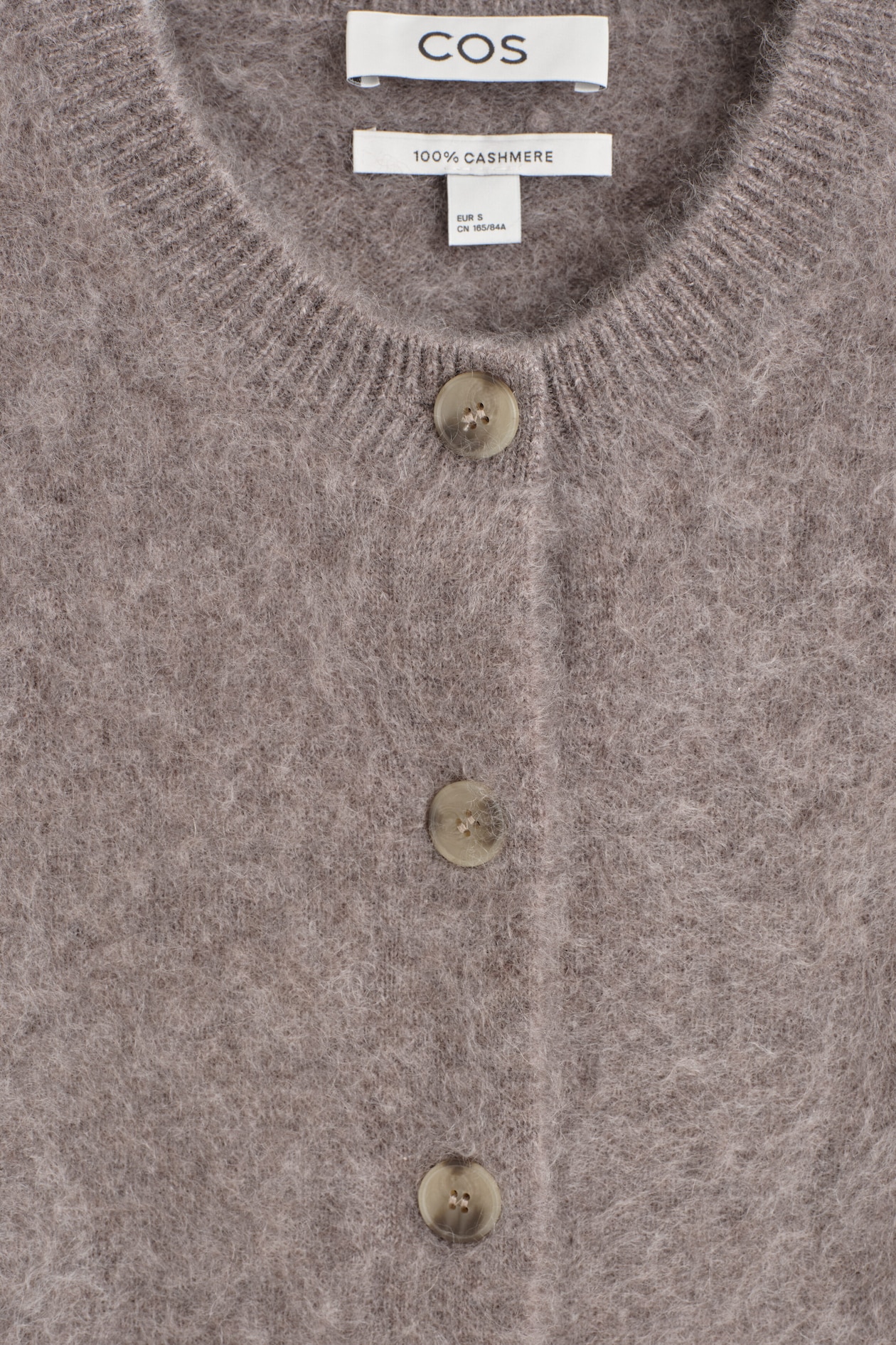 BRUSHED PURE CASHMERE CREW-NECK CARDIGAN — DARK BEIGE