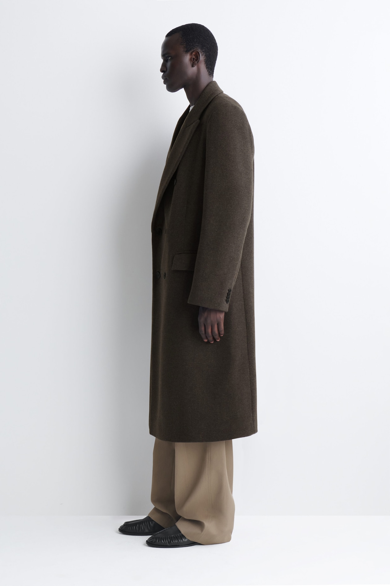 DOUBLE-BREASTED WOOL-BLEND LONG COAT — DARK-BROWN MÉLANGE