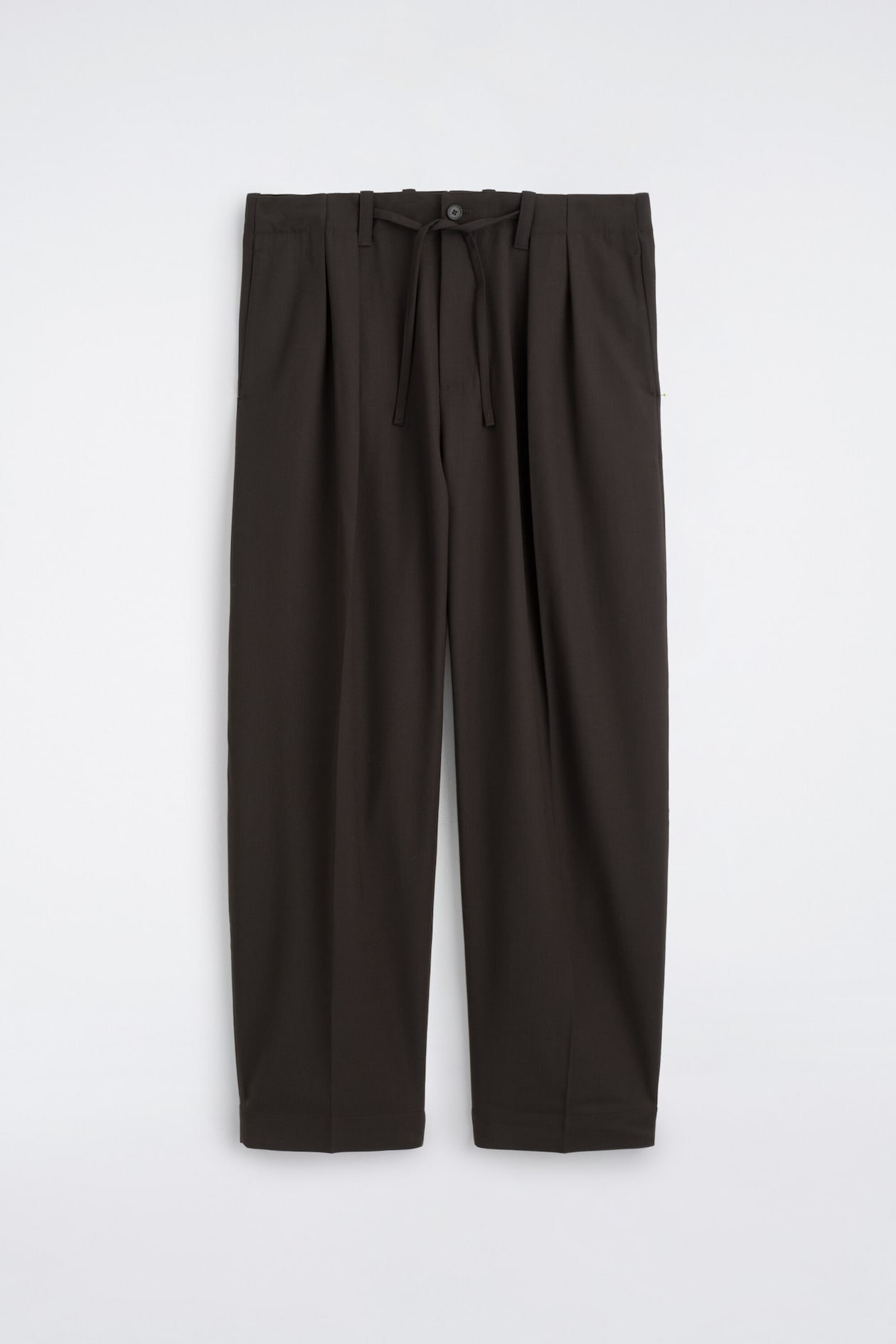 A pair of dark brown, wide-leg trousers is shown from the front, featuring a relaxed fit with single front pleats and a matching drawstring waist. The trousers are designed with a single button closure, belt loops, and straight hems.
