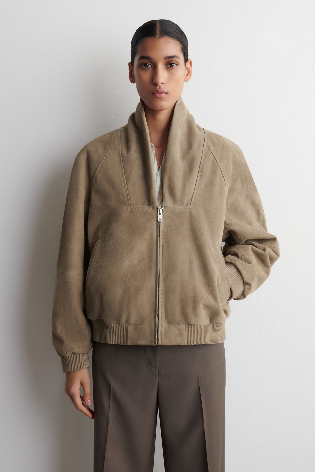 SHAWL-COLLAR SUEDE BOMBER JACKET — BEIGE