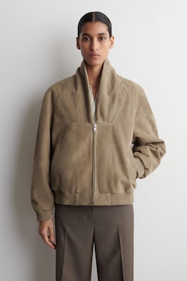 SHAWL-COLLAR SUEDE BOMBER JACKET — BEIGE 2