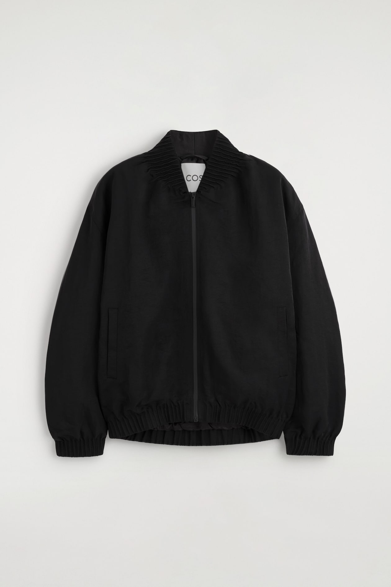 GATHERED NYLON BOMBER JACKET — BLACK