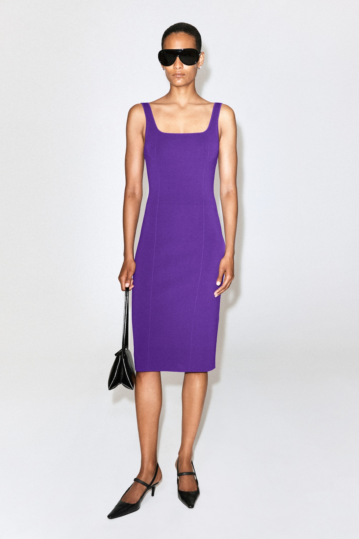KNITTED MIDI BODYCON DRESS — PURPLE