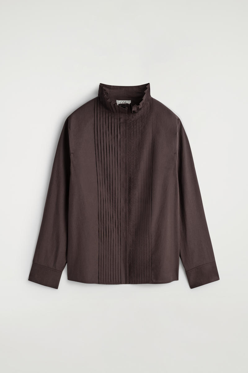 Pintucked Cotton Blouse in Brown