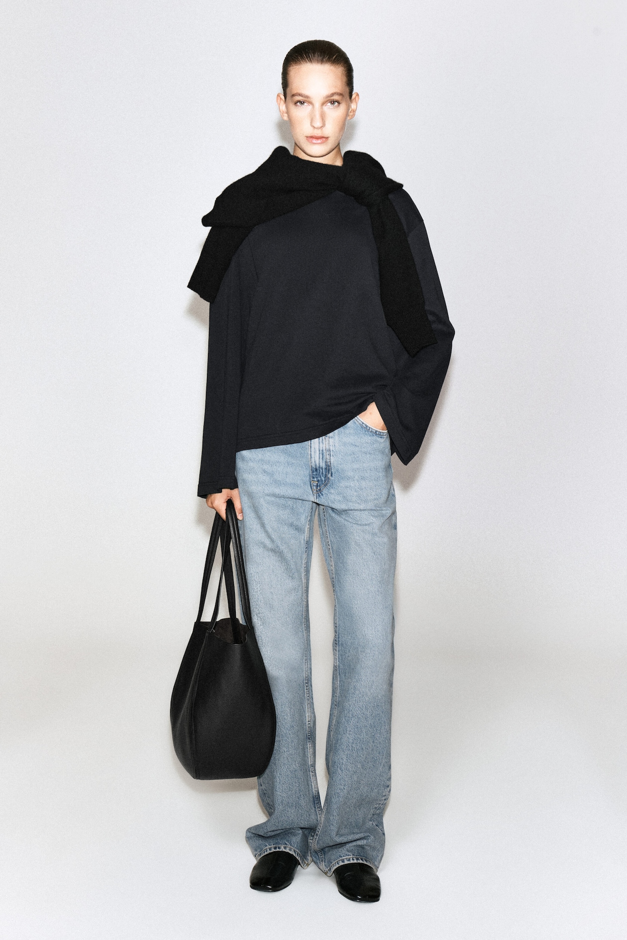 BRUSHED-COTTON LONG-SLEEVED T-SHIRT — BLACK