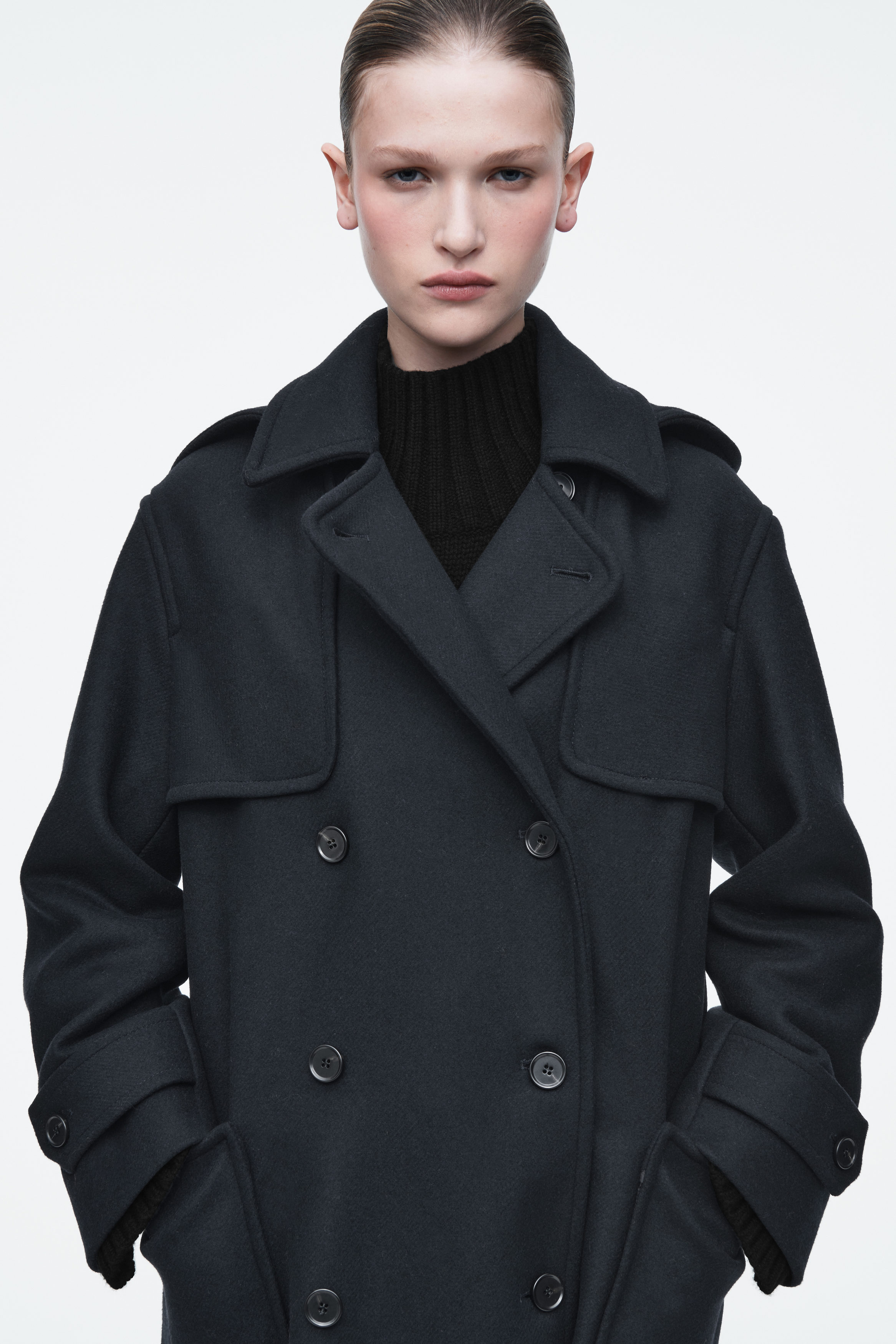 HOODED WOOL DUFFLE COAT - NAVY | COS