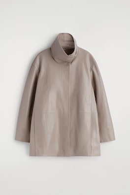 OVERSIZED LEATHER FUNNEL-NECK BOMBER JACKET — WHEAT 8