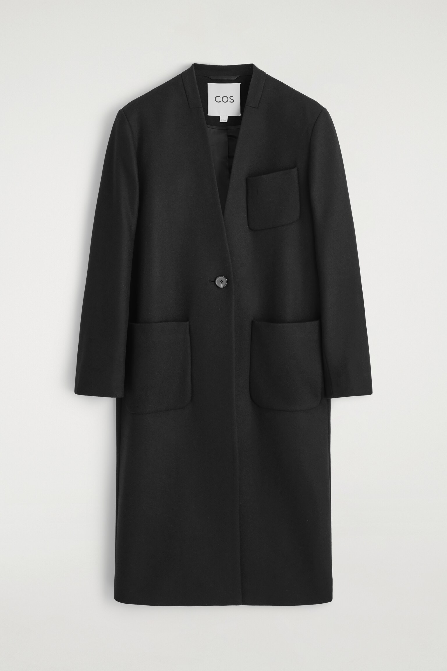 COLLARLESS WOOL-CASHMERE LONG COAT - BLACK - 2