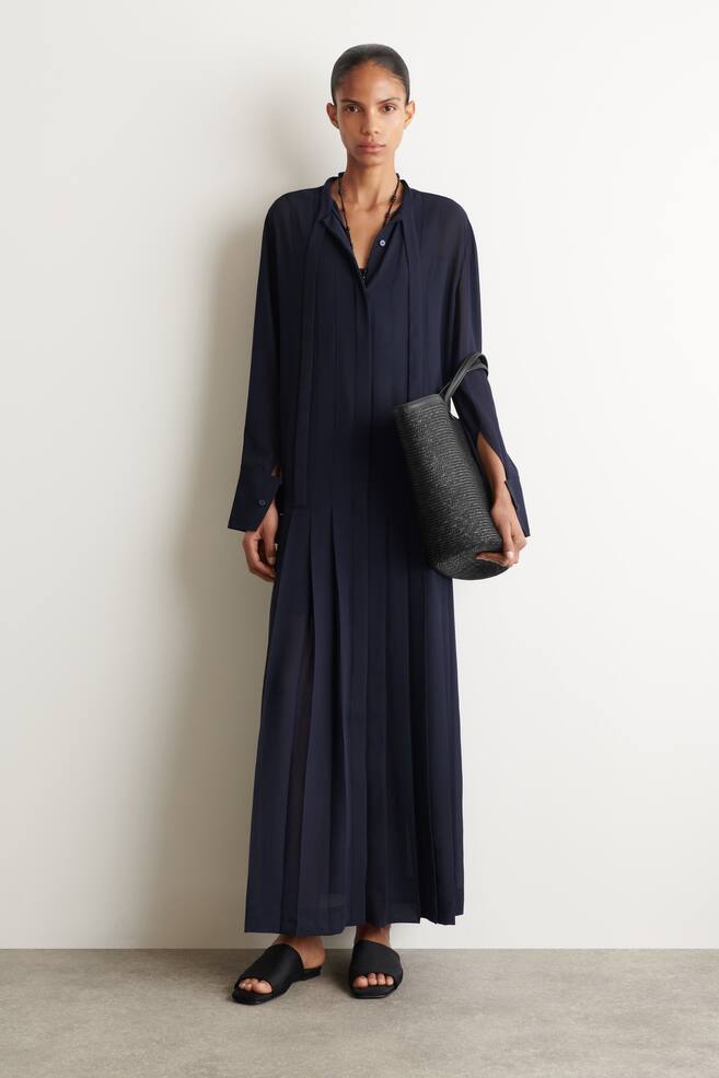 PLEATED BOW-DETAIL MIDI SHIRT DRESS - NAVY - 1
