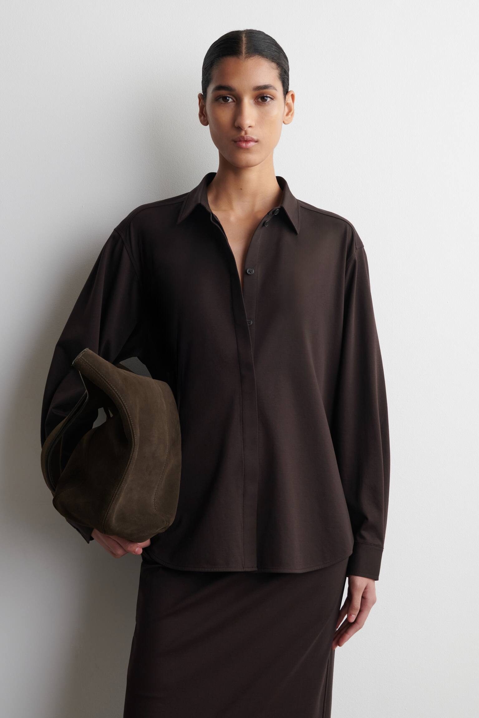 CAMICIA IN JERSEY DI COTONE PIMA - MARRONE SCURO/BLU - 1