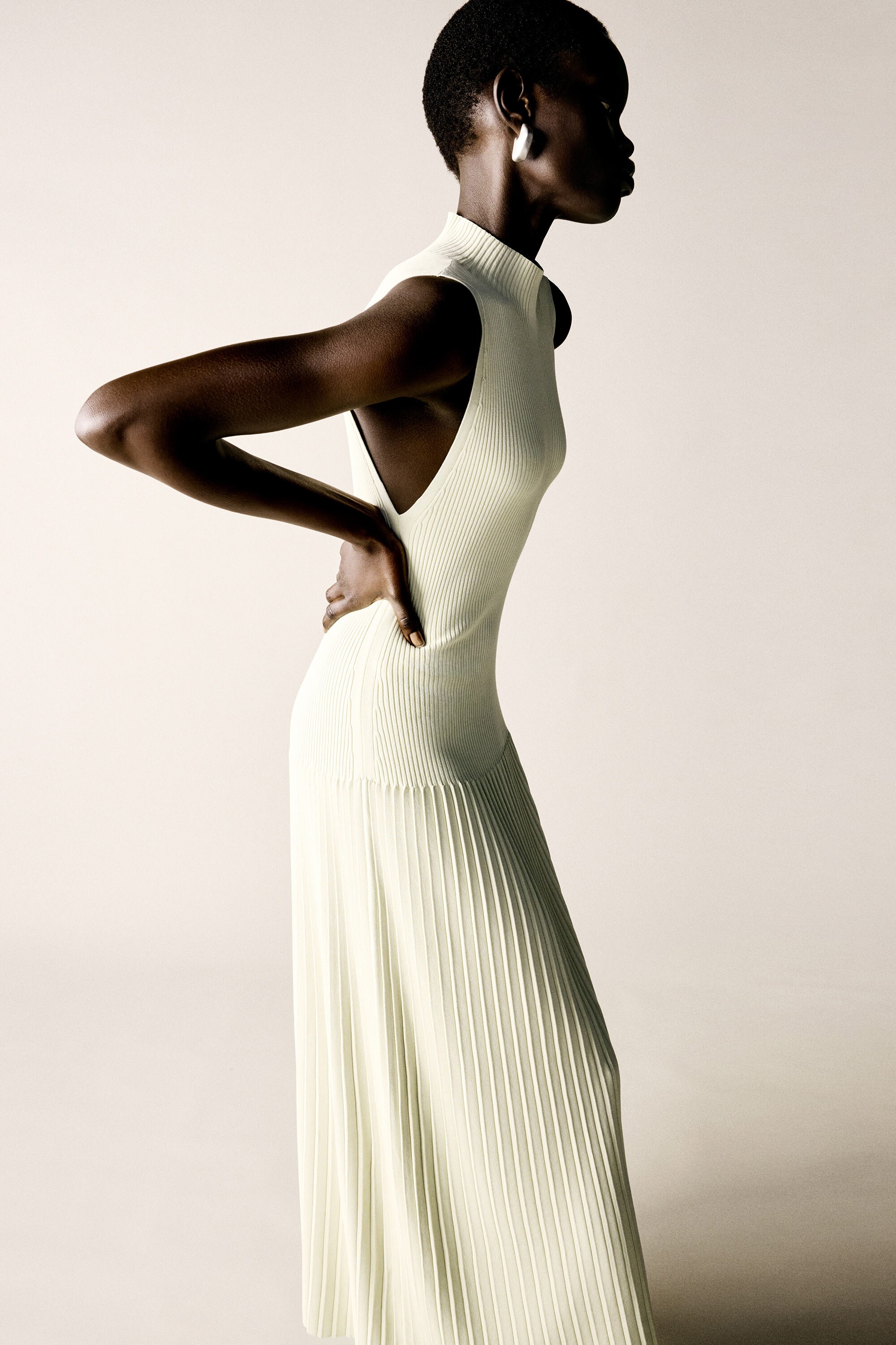 PLEATED HIGH-NECK MAXI DRESS - LIGHT GREEN | COS