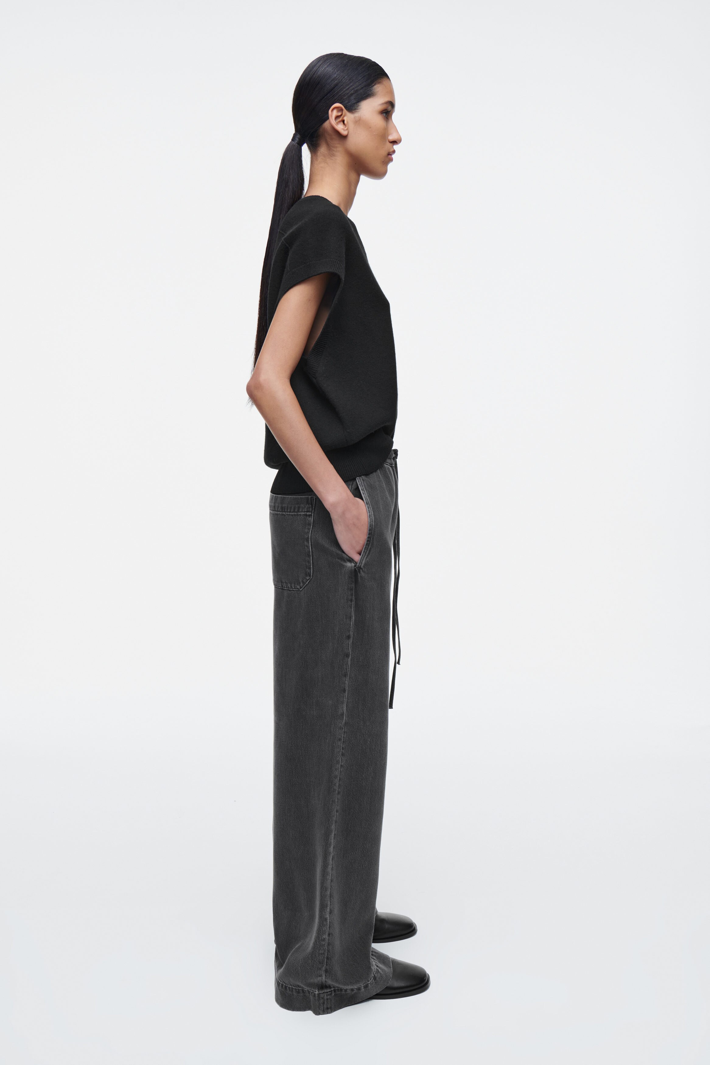 【Anyone more】Cardin Black Blue Washing Wide Denim Pants Denim & Co. Signature Regular Indigo Perfect Flex Jean Dark