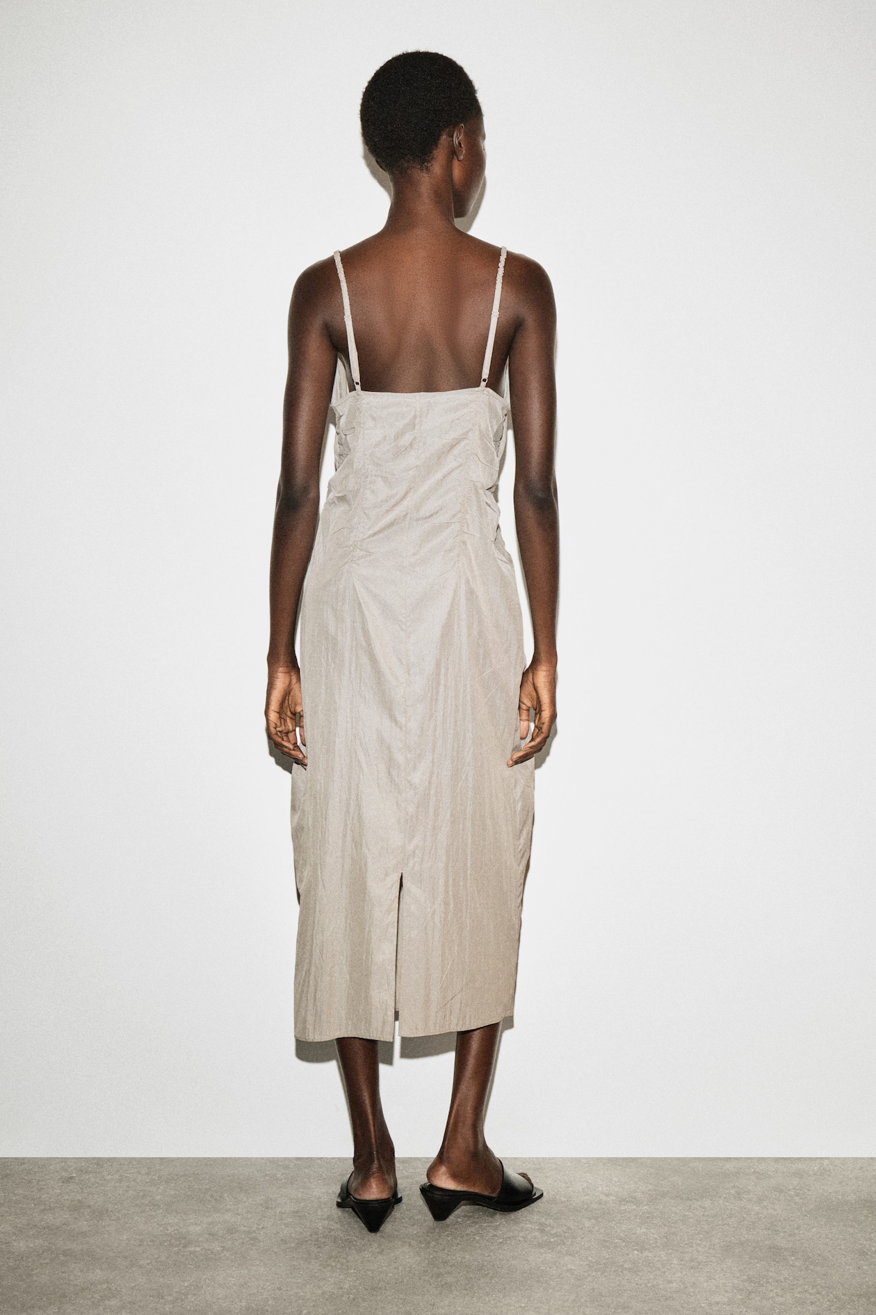 GATHERED SILK-NYLON SLIP DRESS — BEIGE