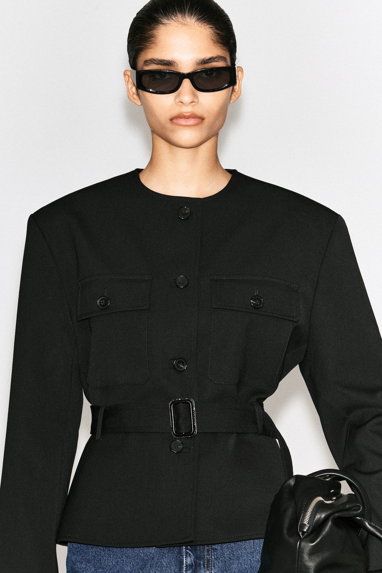 BELTED PEPLUM JACKET — BLACK