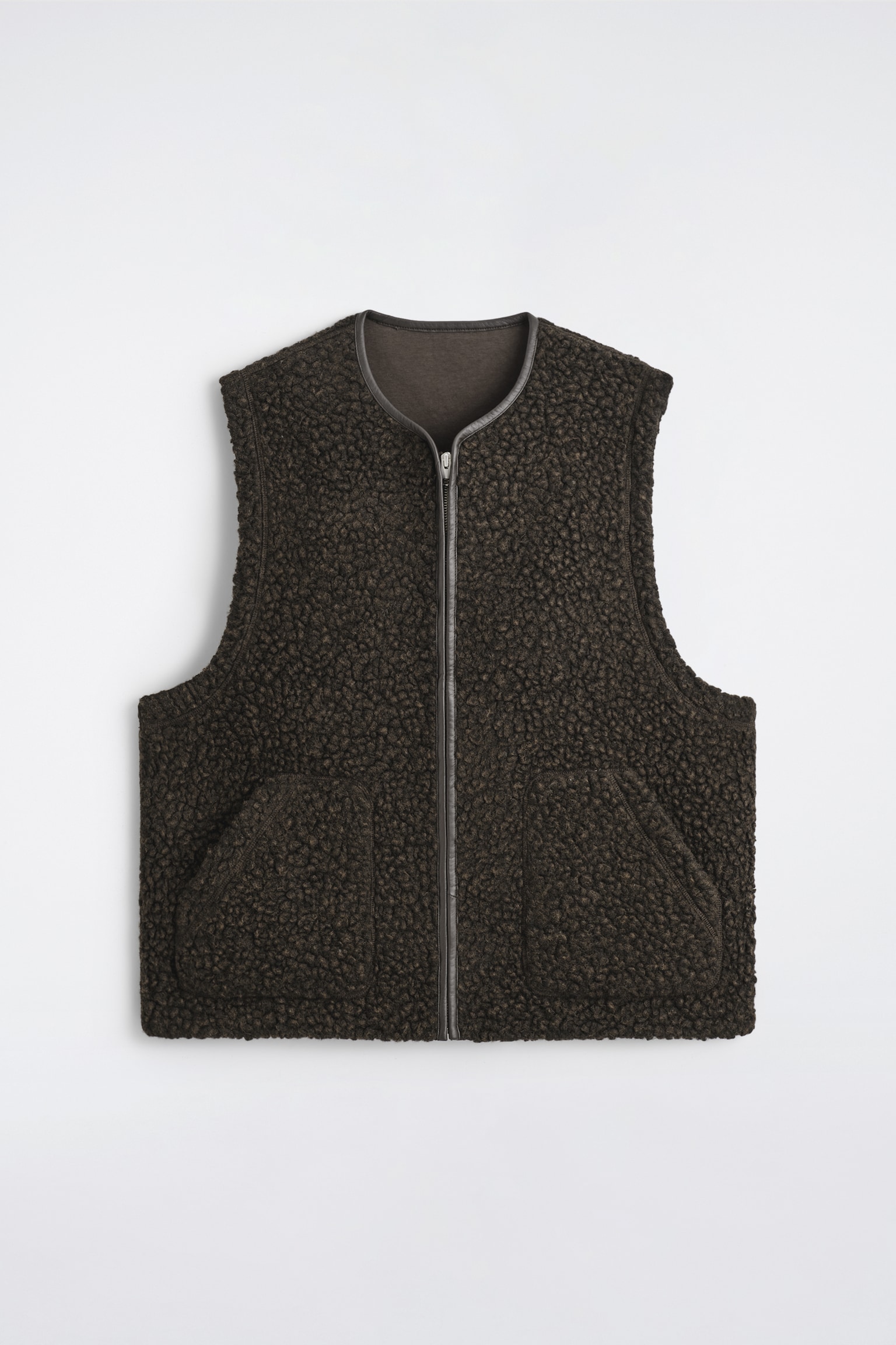 GILET EN TEDDY BORDÉ DE CUIR - BRUN FONCÉ CHINÉ - 2