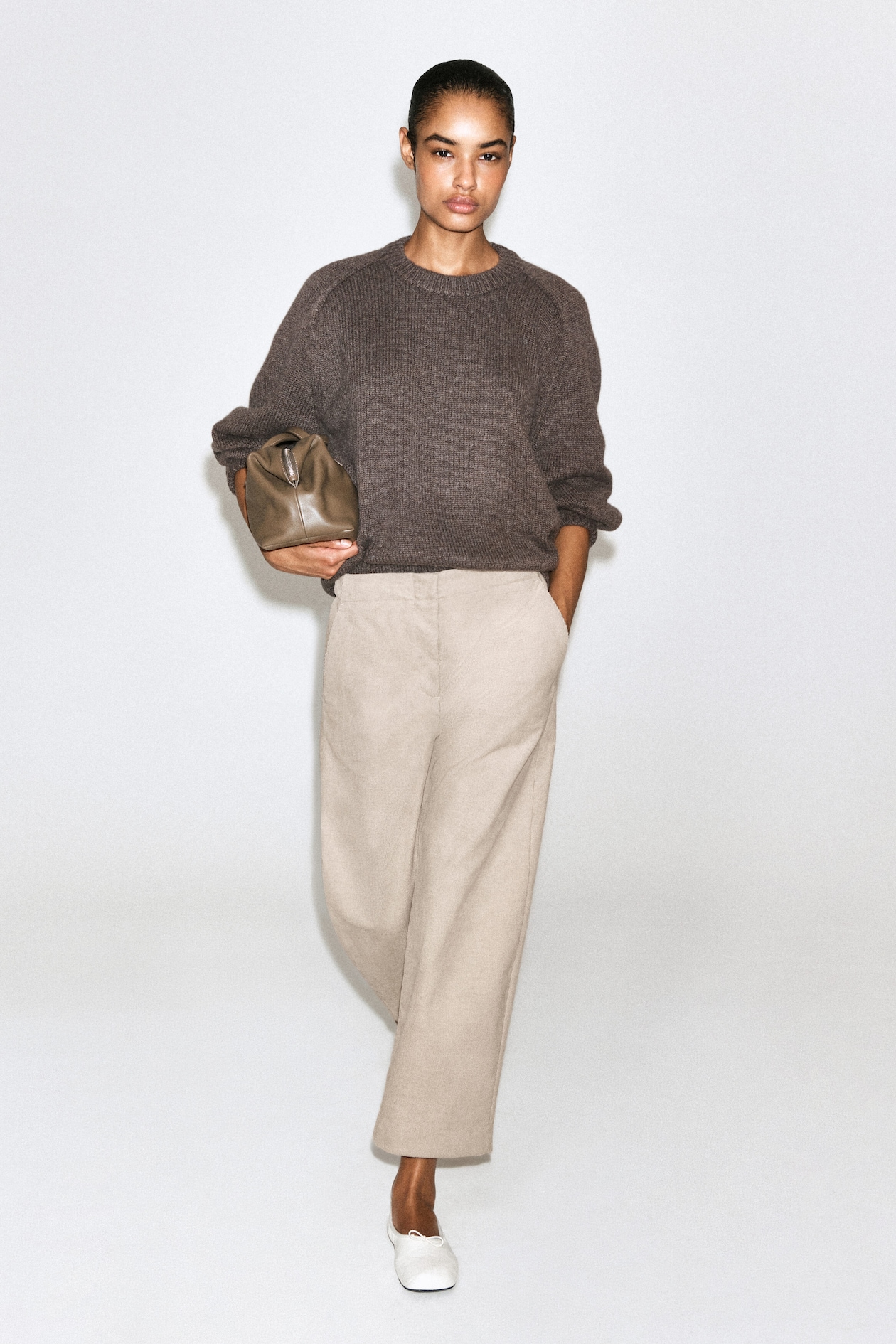 CORDUROY BARREL-LEG PANTS — BEIGE