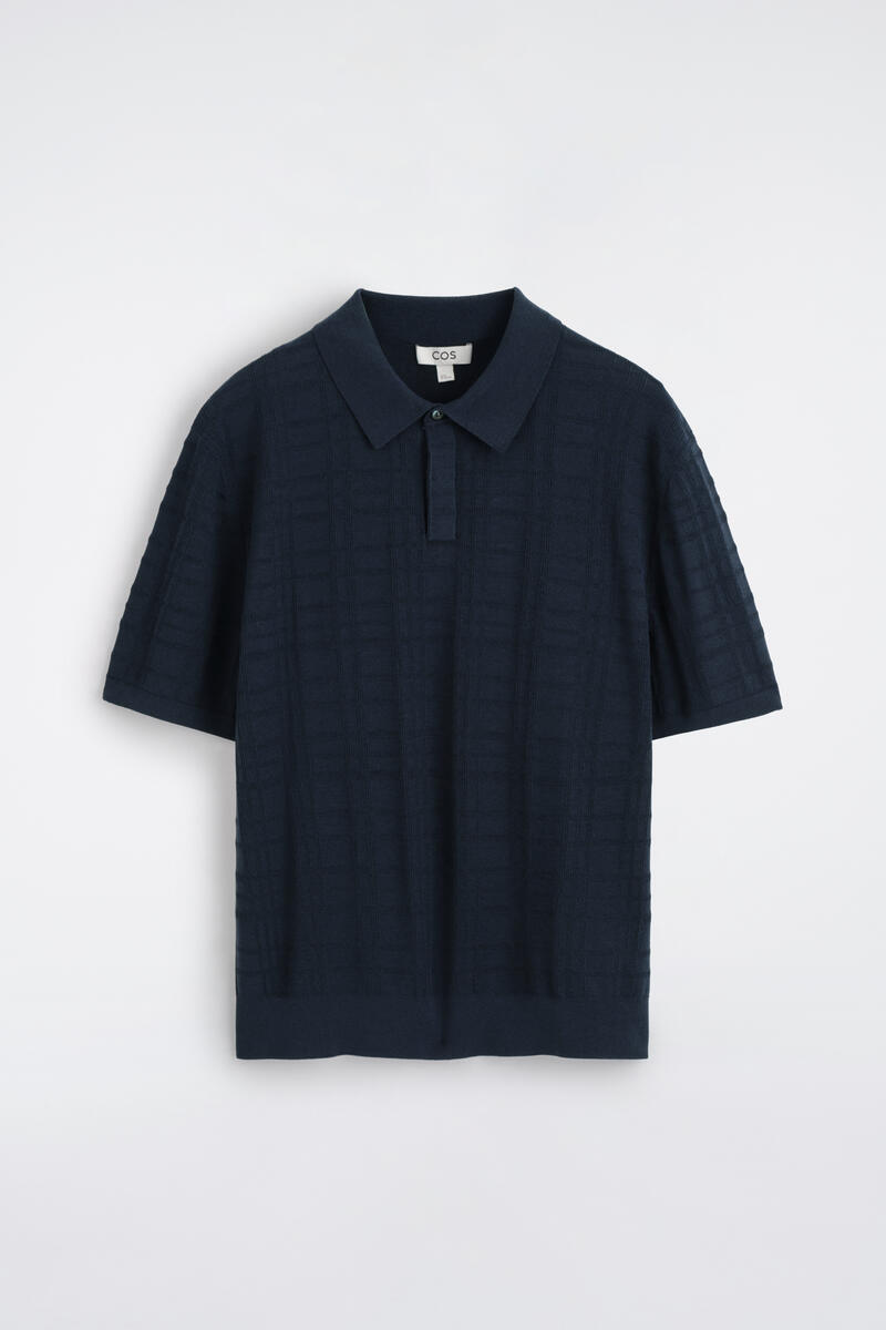 Checked Jacquard-Knit Polo Shirt in Navy