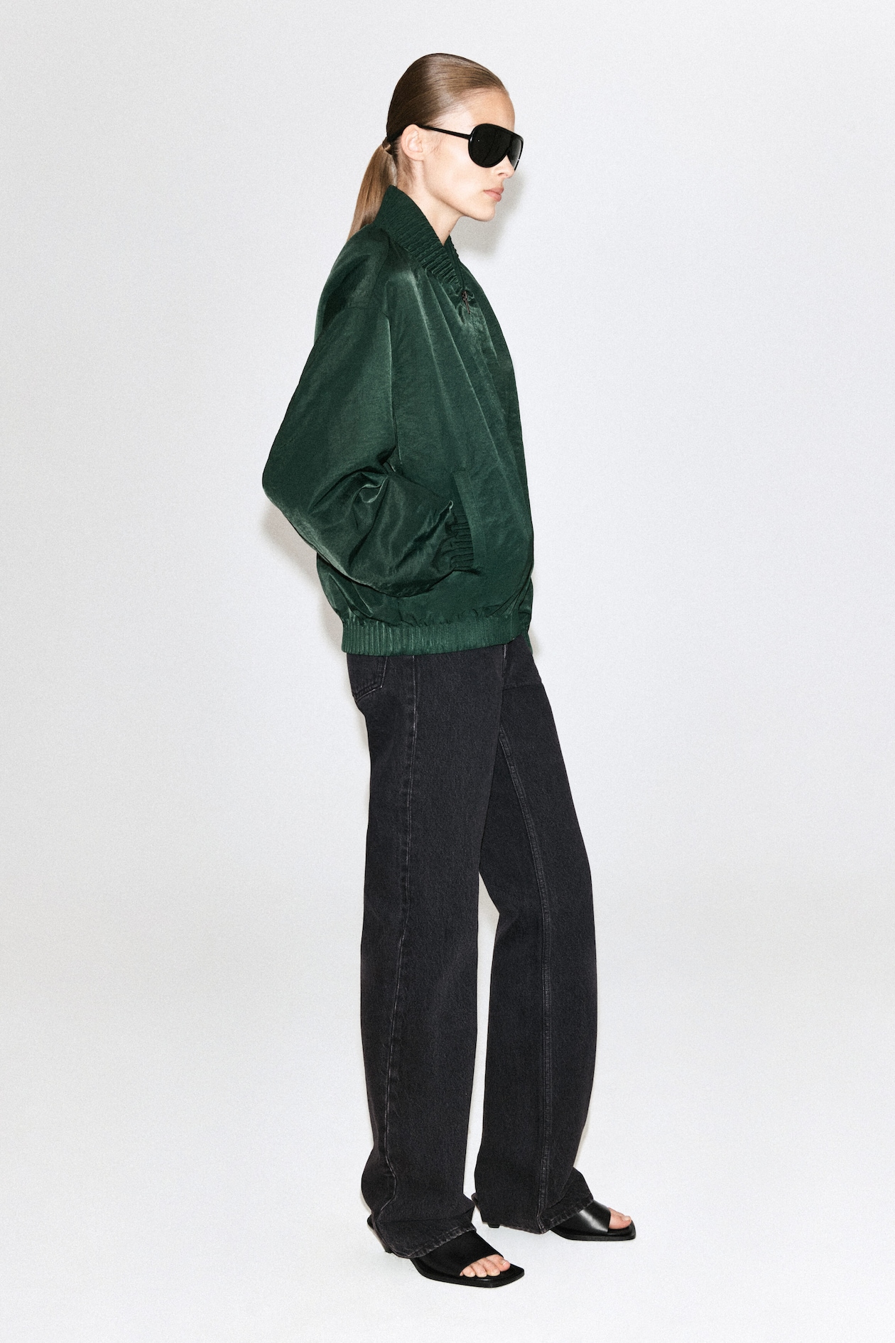 GATHERED NYLON BOMBER JACKET — DARK GREEN