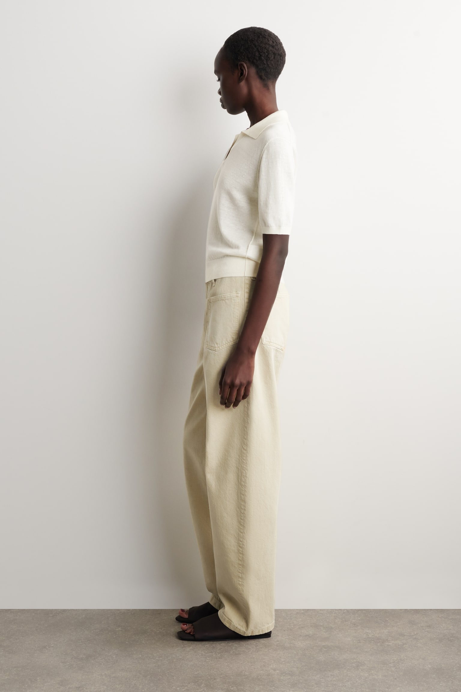 STICKAD TRÖJA MED KRAGE I LINNE OCH MERINOULL - KRÄM/BLÅ - 5