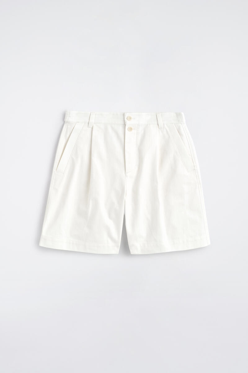 Pleated Denim-Herringbone Shorts