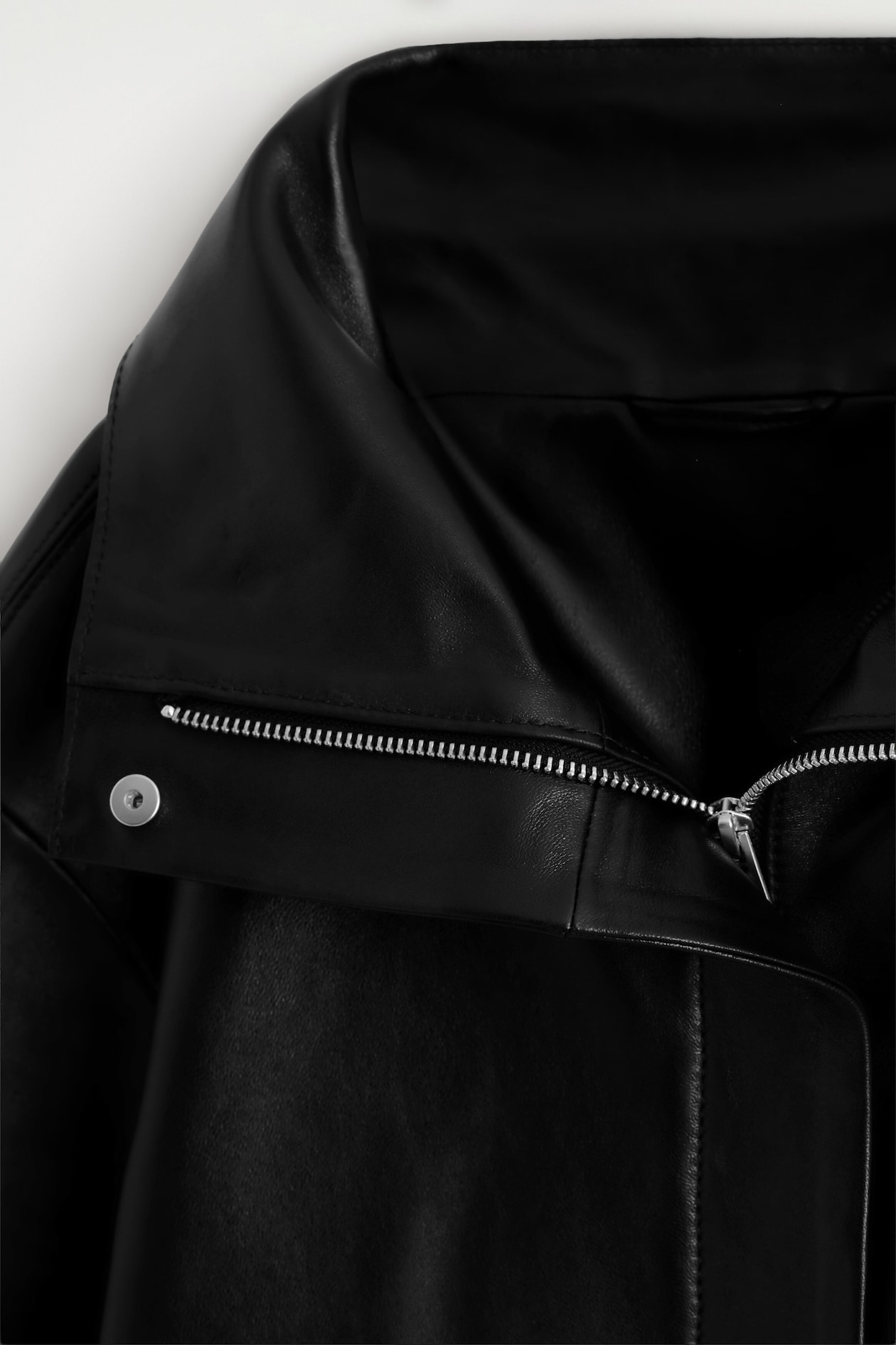 LEATHER FUNNEL-NECK JACKET — BLACK