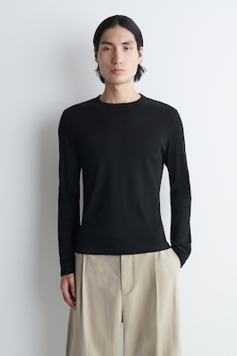 SLIM RIBBED COTTON LONG-SLEEVED T-SHIRT — BLACK 1