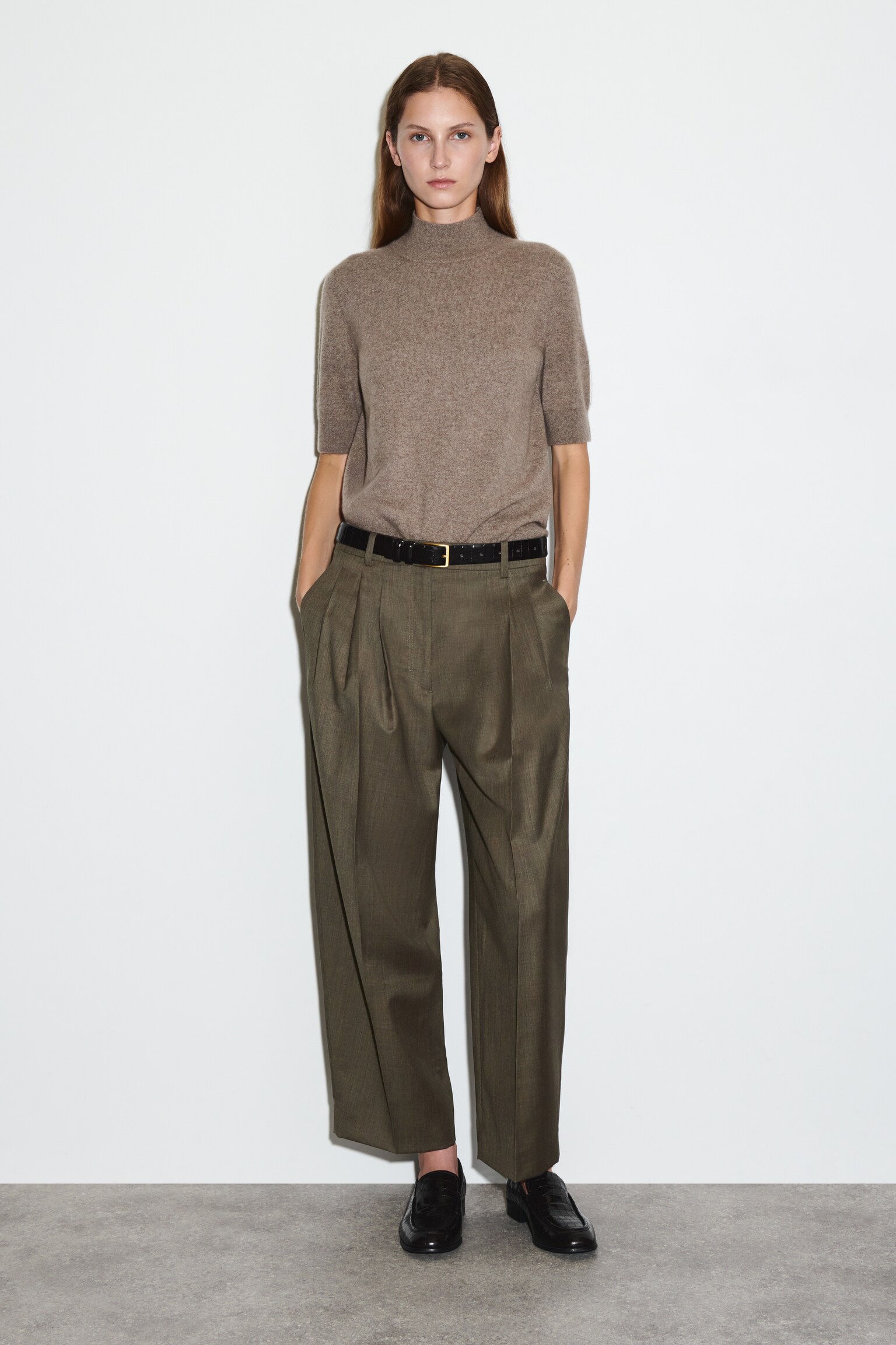 PANTALONI BARREL IN LANA CON PIEGHE - BEIGE MÉLANGE/NERO