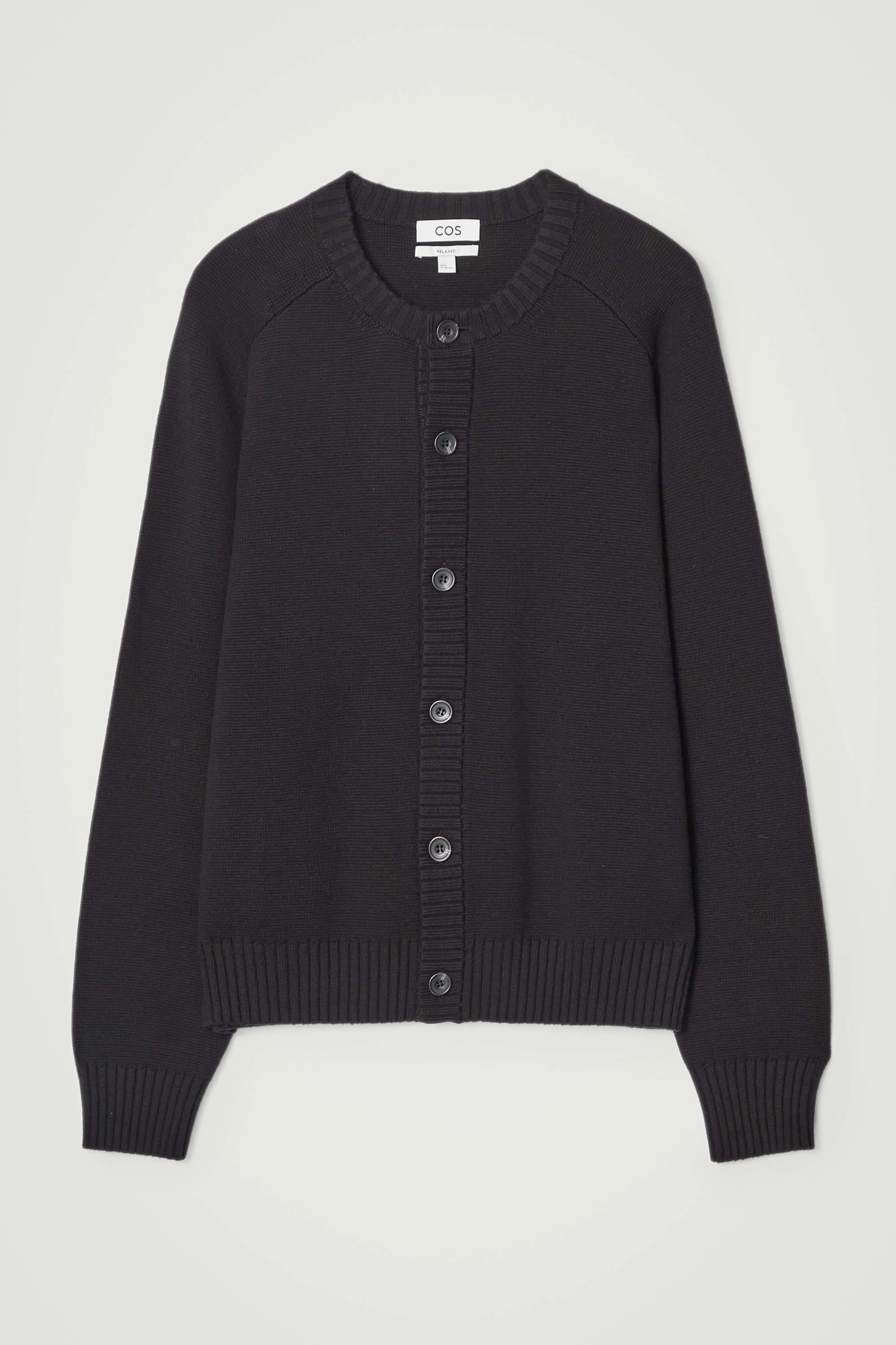 As, エス　MOCK NECK KNIT CARDIGAN ブラック Black Crewneck Textured Cardigan | Modest Women Clothing