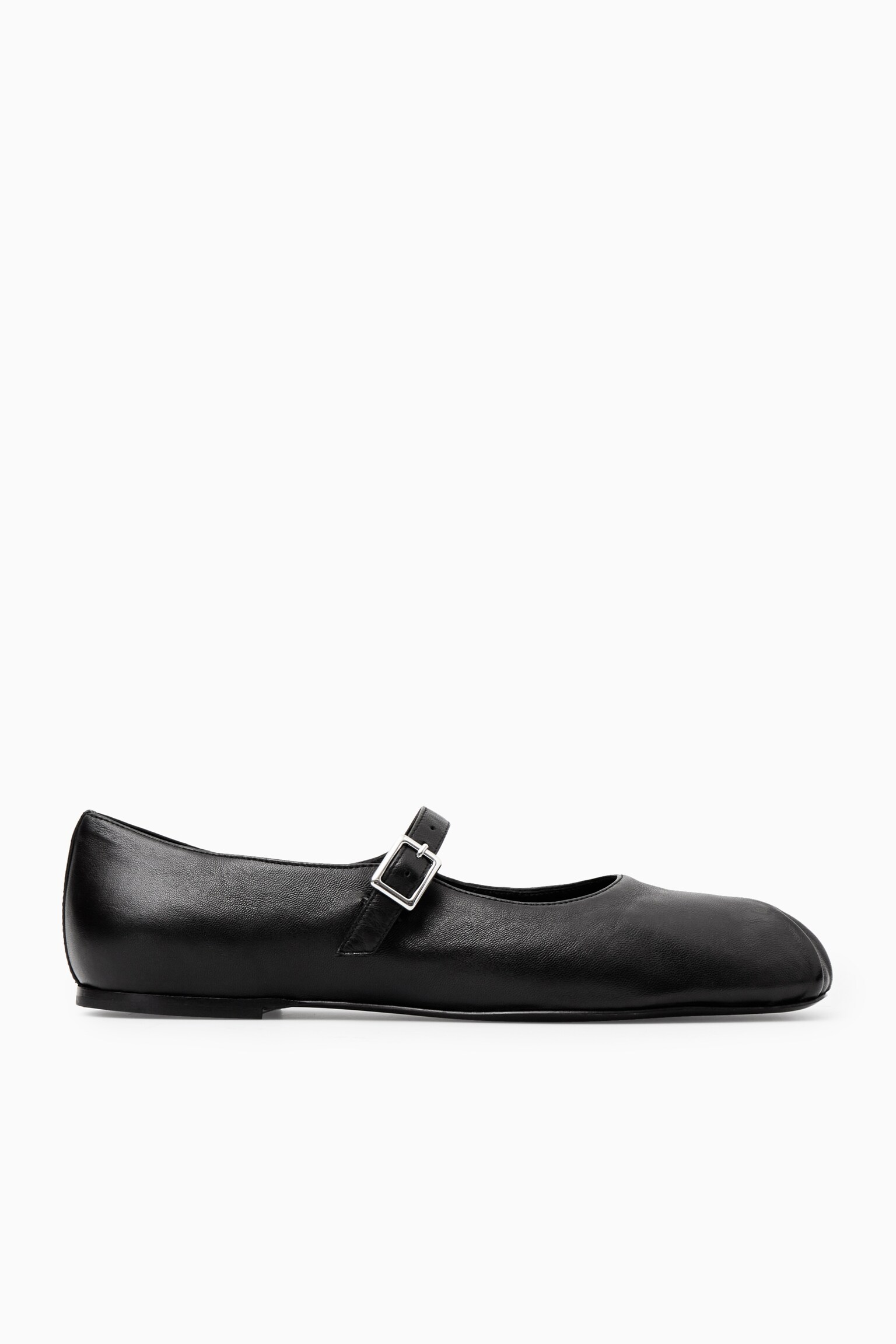 PLEATED LEATHER MARY-JANE BALLET FLATS - BLACK