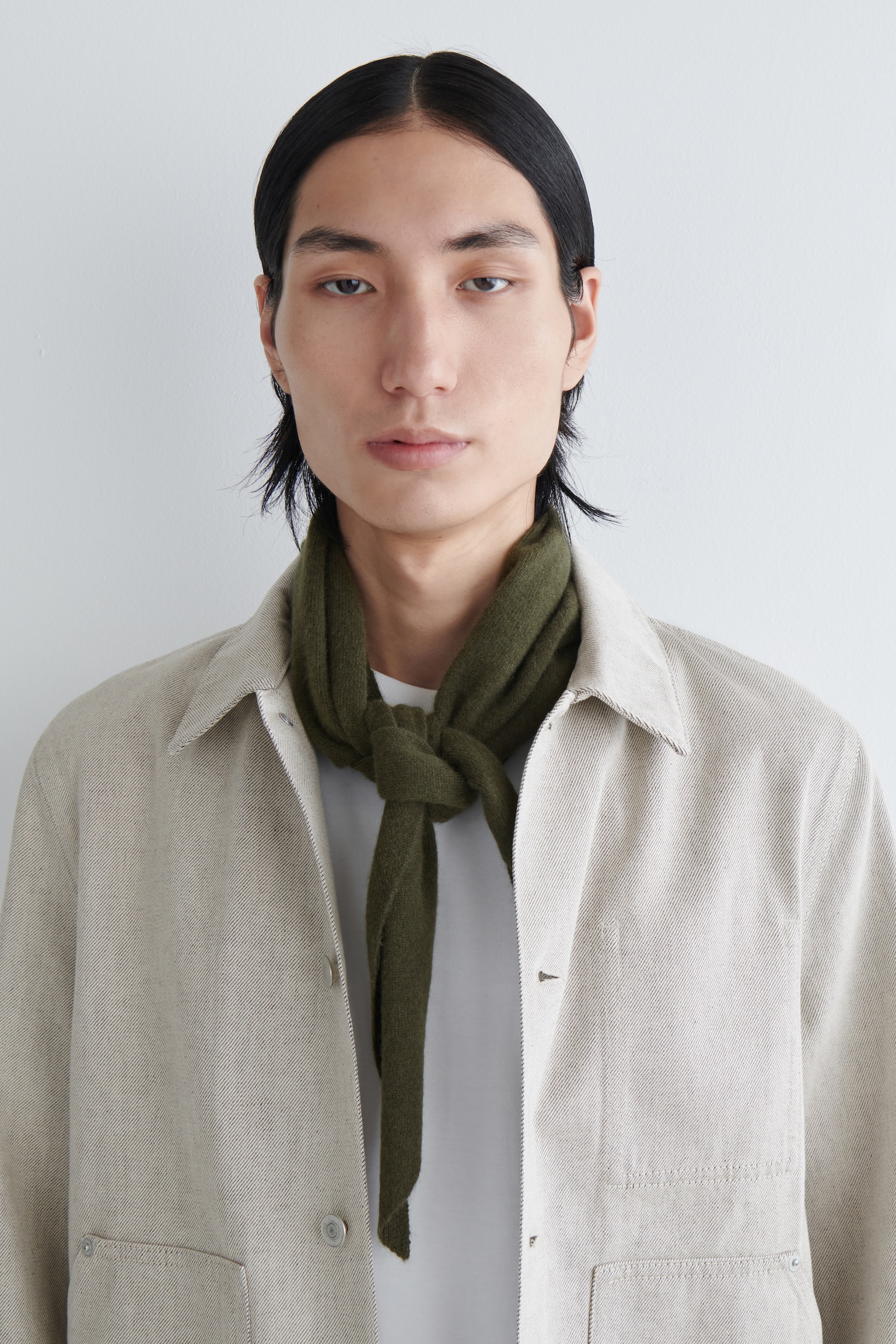 CASHMERE TRIANGLE SCARF - DARK KHAKI/BLACK/LIGHT BROWN