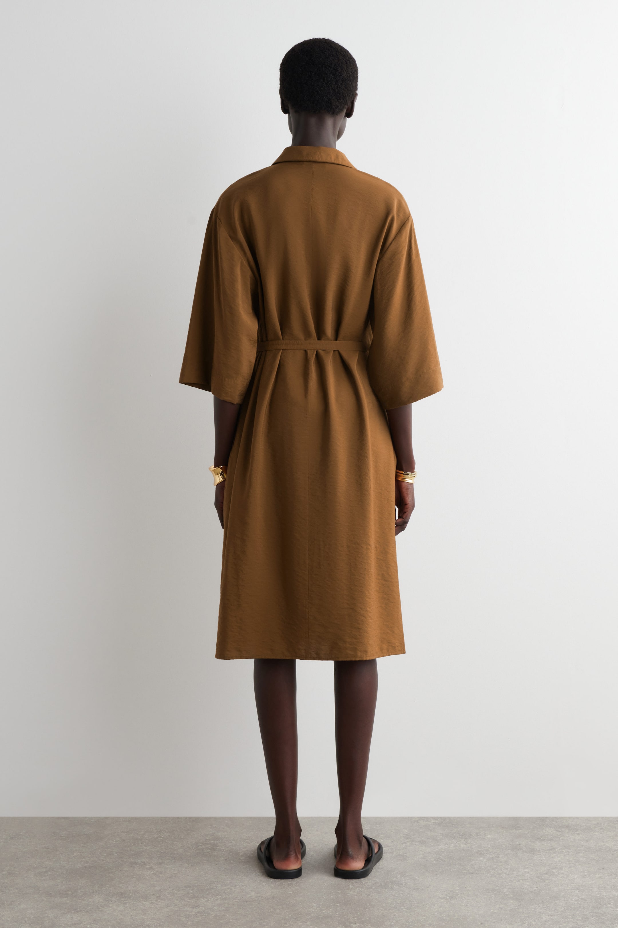 SIDE-BELT MIDI SHIRT DRESS