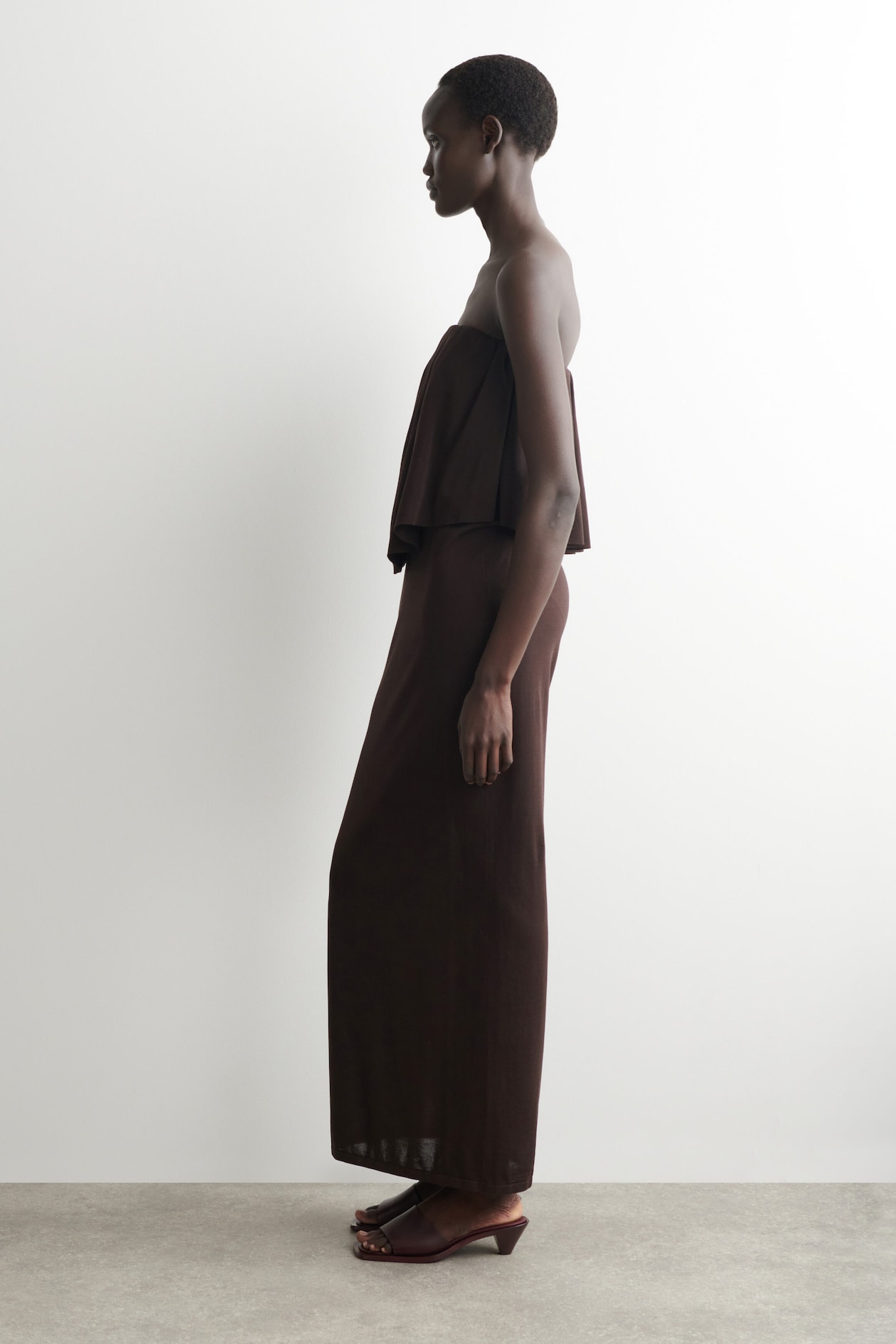 LAYERED SHEER-KNIT BANDEAU MAXI DRESS — BITTER CHOCOLATE