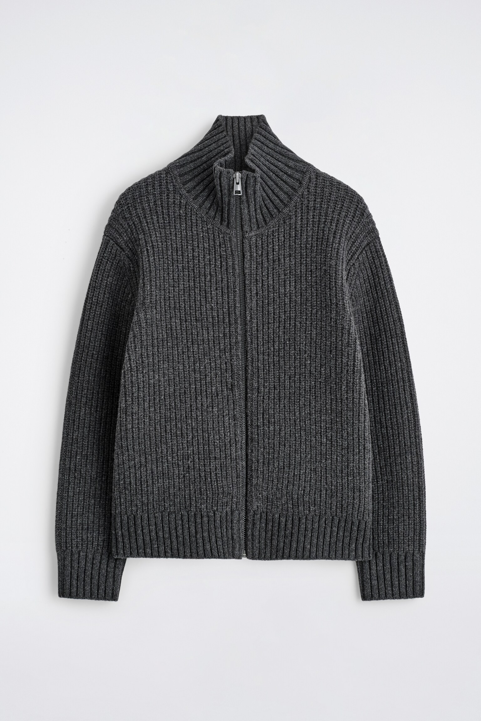 FUNNEL-NECK KNITTED WOOL JACKET - CHARCOAL/STONE - 2