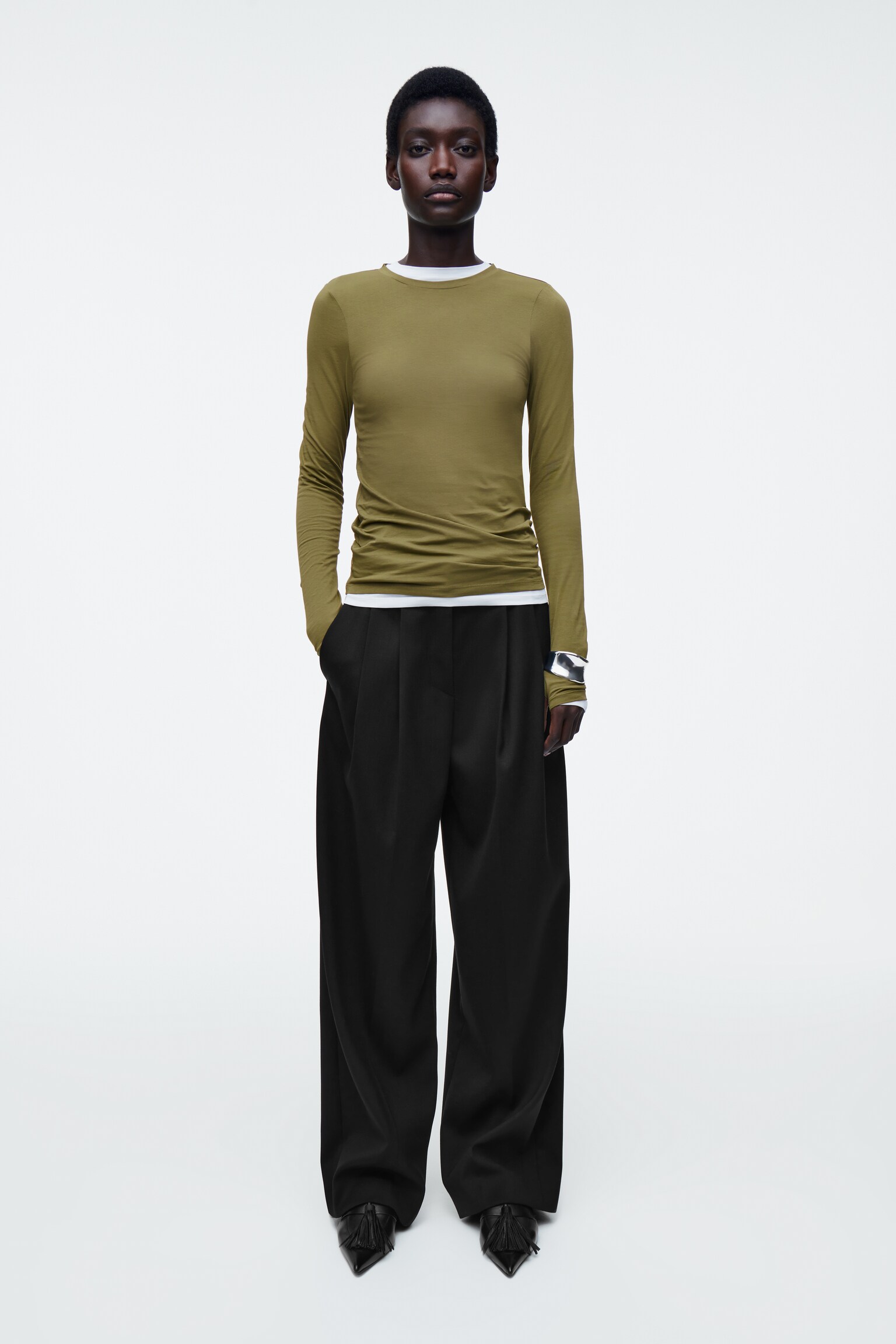 SLIM LIGHTWEIGHT LONG-SLEEVED TOP - OLIVE GREEN/DARK RED/WHITE/DARK GREEN/BROWN / STRIPED/BLACK/GREY MÉLANGE/RED / WHITE/BLACK / WHITE/OLIVE GREEN - 6