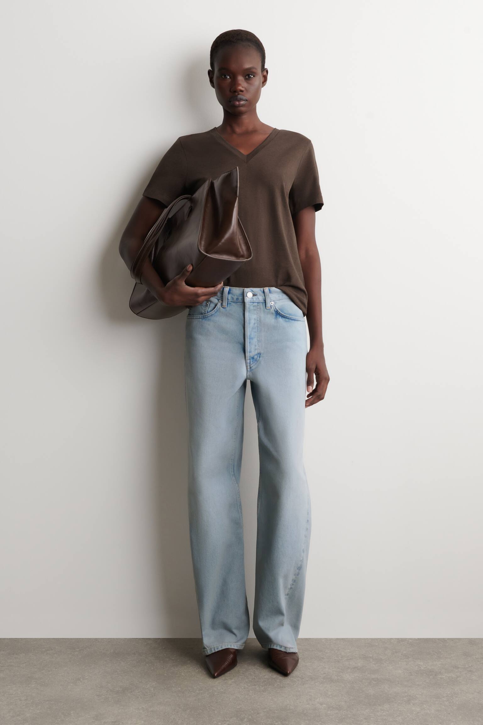 PAMUT V-NYAKÚ PÓLÓ - BROWN MÉLANGE/FEHÉR/FEKETE - 3