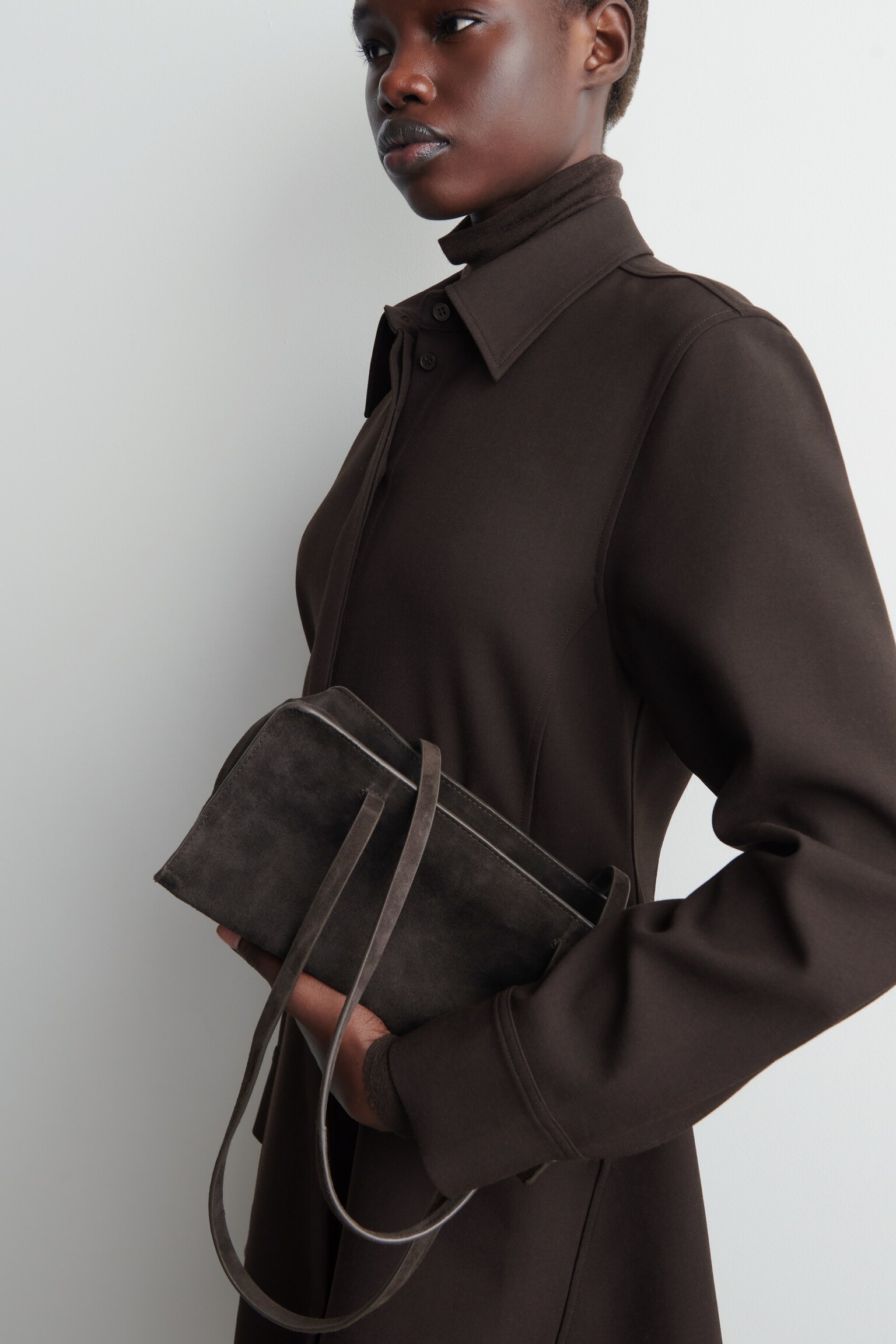 Lange mouwen mini overhemdjurk - DONKERBRUIN - 5