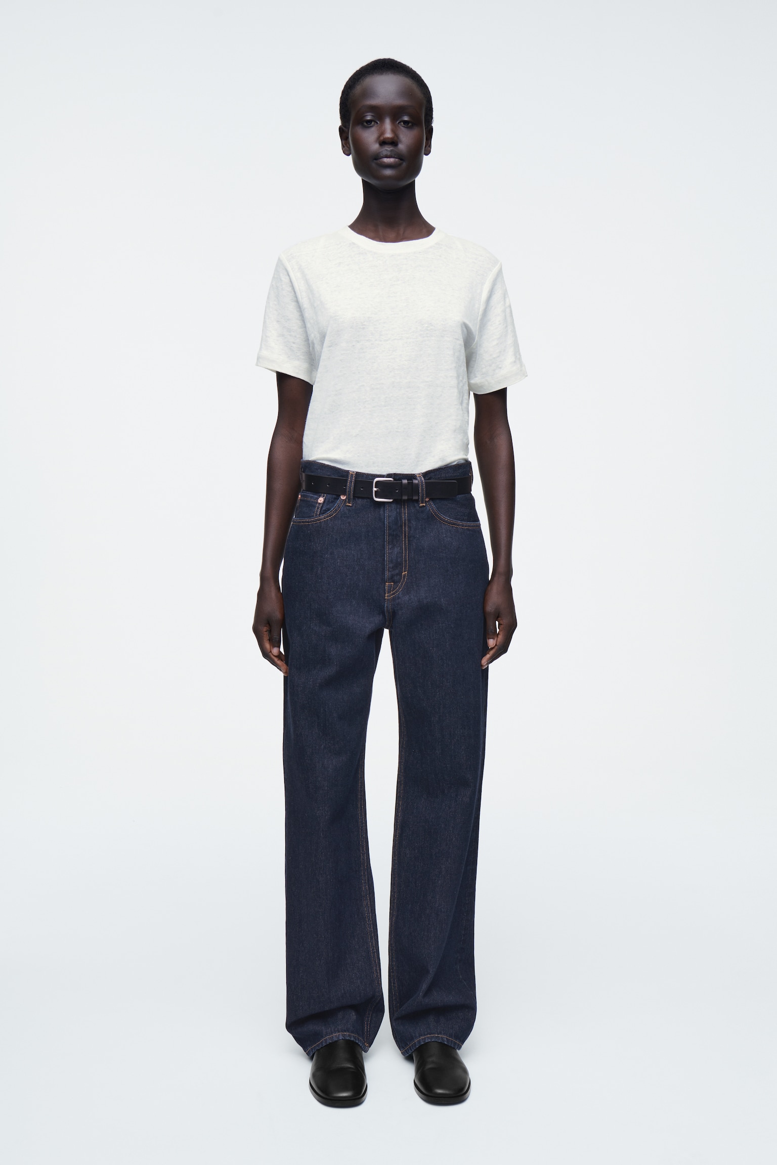 CREW-NECK LINEN T-SHIRT - WHITE/DUSTY BLUE/UNDYED / STRIPED/BLACK - 6