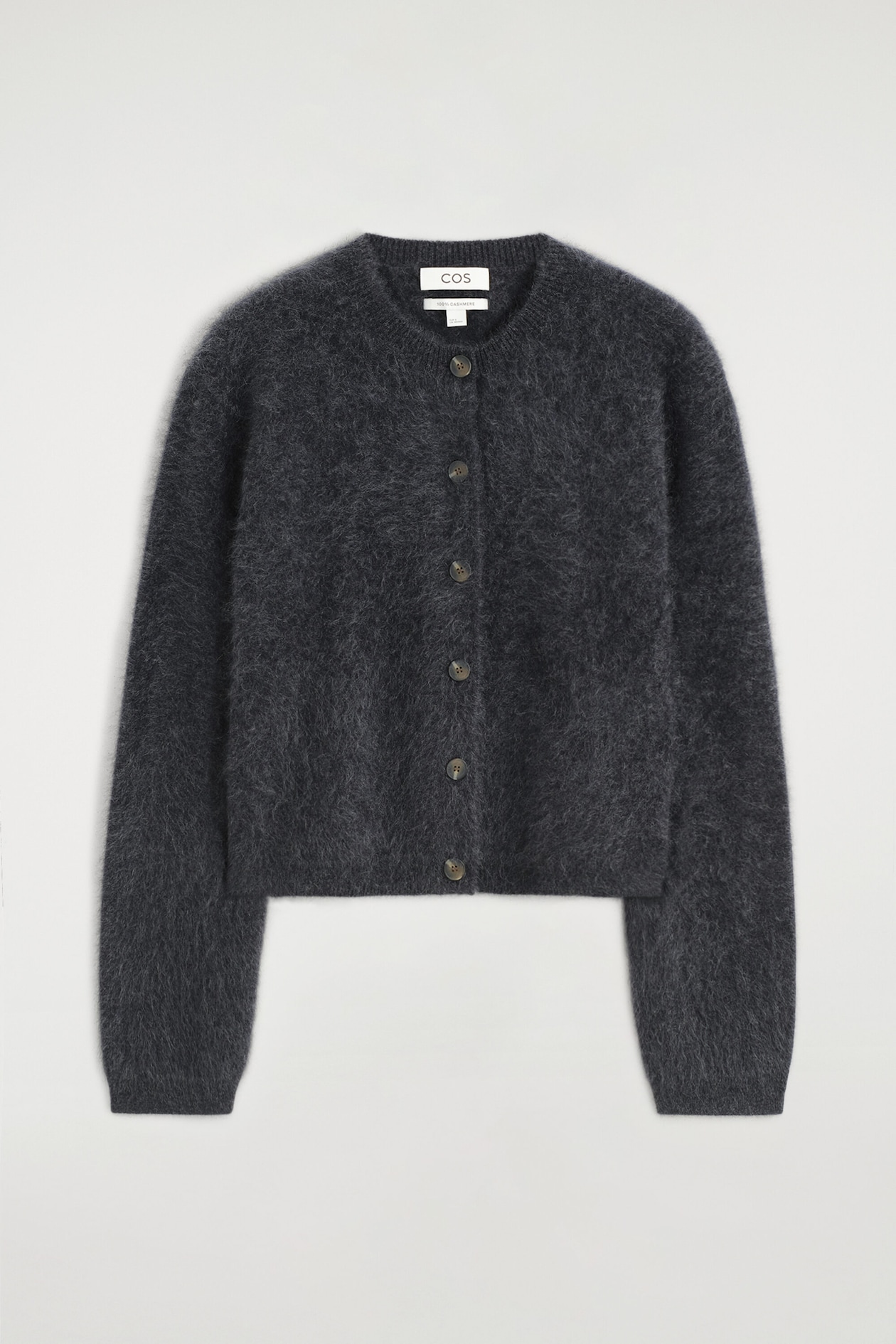 BRUSHED PURE CASHMERE CREW-NECK CARDIGAN — DARK GRAY