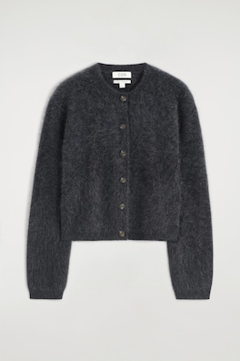 BRUSHED PURE CASHMERE CREW-NECK CARDIGAN — DARK GRAY 8