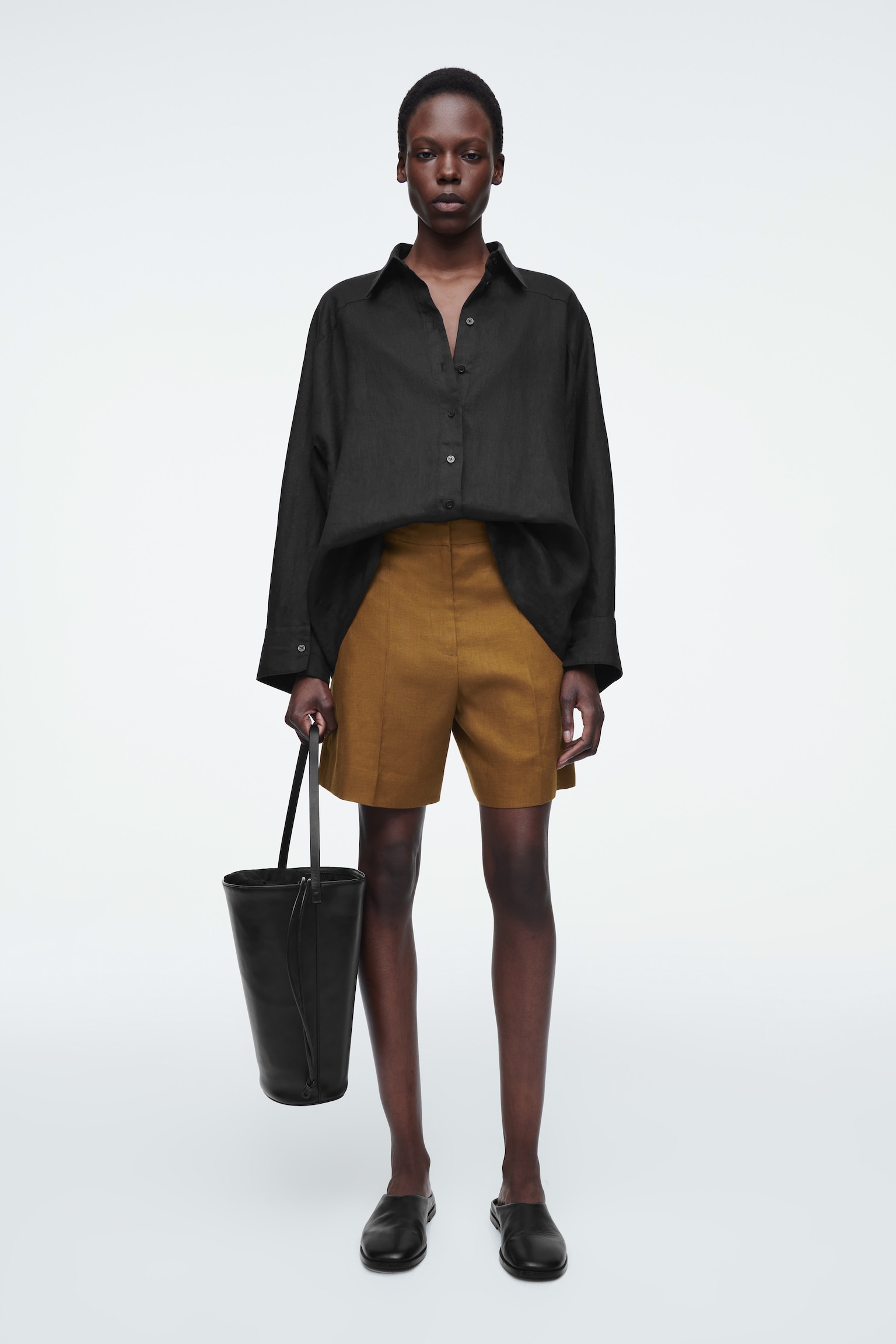 TAILORED ELASTICATED LINEN SHORTS - OCHRE/BUTTER YELLOW/WHITE/NAVY