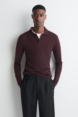 SLIM WOOL-JERSEY OPEN-COLLAR POLO SHIRT — BURGUNDY 1