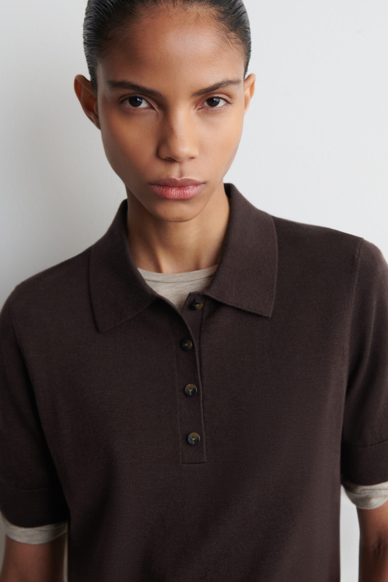 SHRUNKEN WOOL-BLEND POLO SHIRT — DARK BROWN