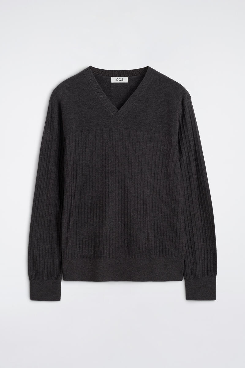 Ribbed Fine Merino Wool V-Neck Sweater