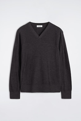 RIBBED FINE MERINO WOOL V-NECK SWEATER — BITTER CHOCOLATE 8