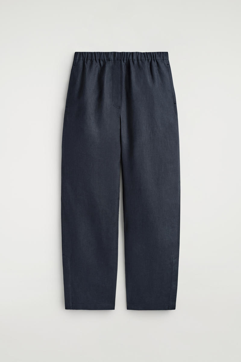 Elasticated Linen Barrel-Leg Pants in Blue