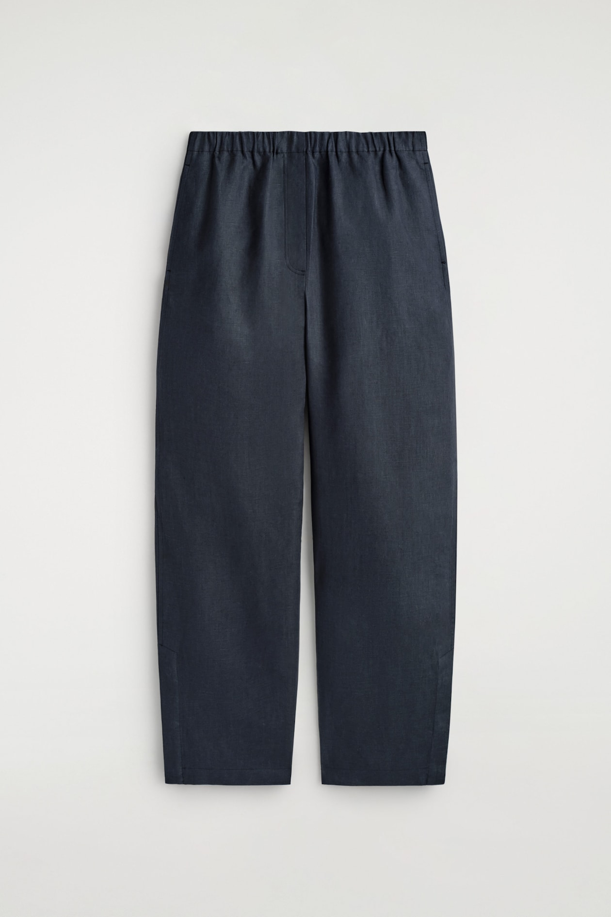 ELASTICATED LINEN BARREL-LEG PANTS — NAVY